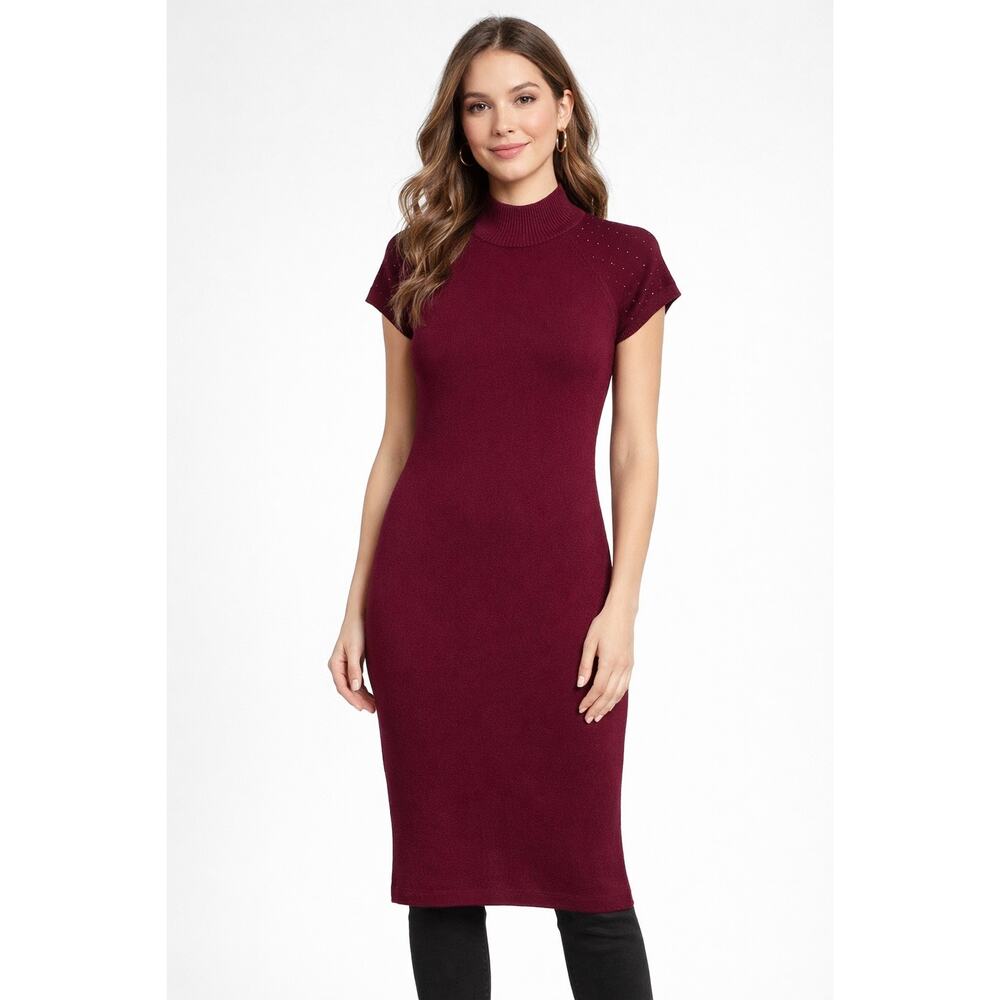 AB Studio Burgundy Ribbed Knit Dress Size Medium Studded Shoulder